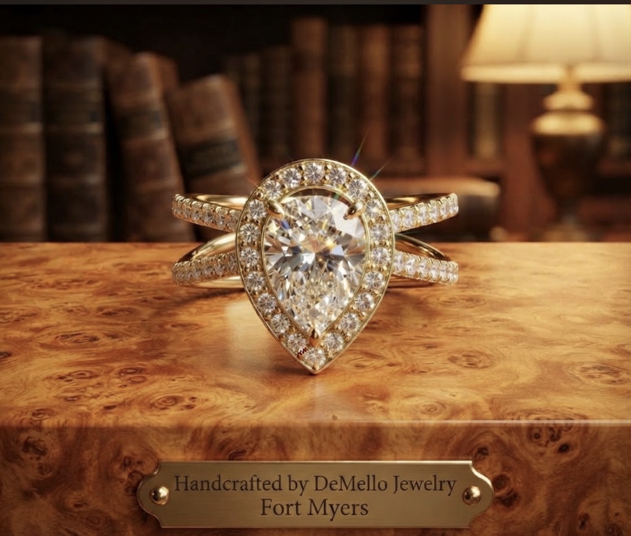 Pear diamond ring handcrafted by DeMello Jewelry