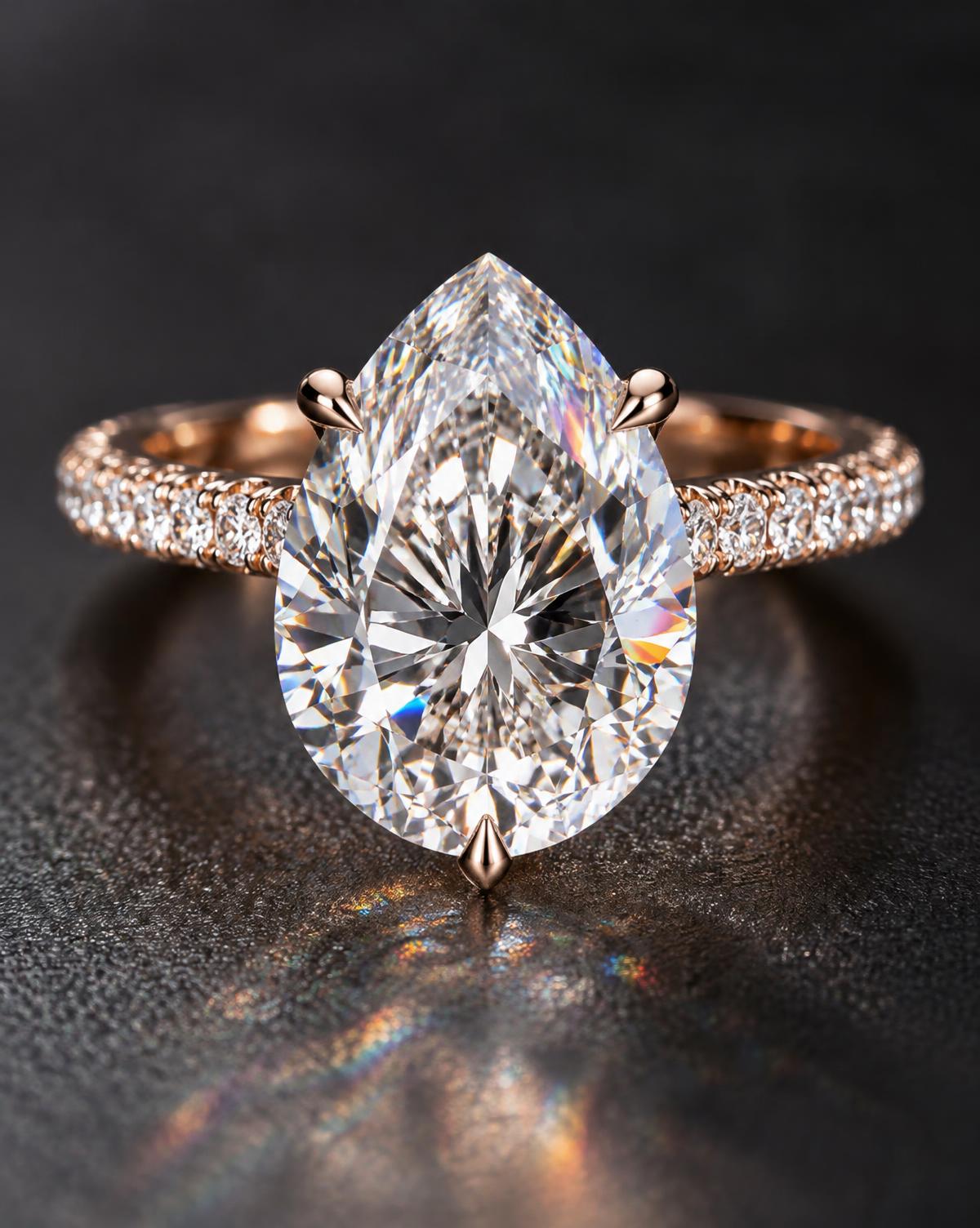 Pear shaped diamond engagement ring with pavé rose gold band